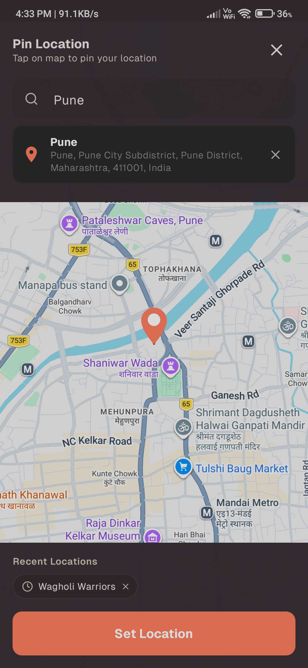 Pin Location Modal - Mobile View